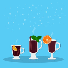 Set of different types of glasses filled with mulled wine
