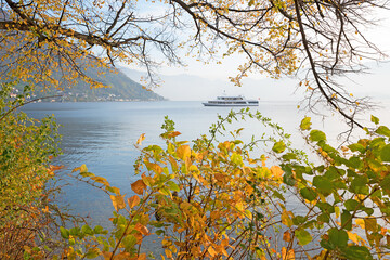 passenger liner at lake Traunsee, Salzkammergut, view through colorful leaves in autumn