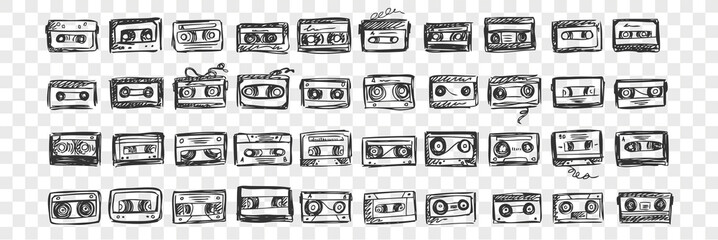 Fototapeta na wymiar Hand drawn audio tapes doodle set. Collection of pen ink pencil drawing sketches template patterns of music video cassette on transparent background. Illustration of playing record devices.