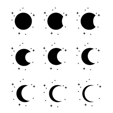 Black icons about the weather. Moon phases.Moon phases astronomy icon set Vector Illustration on the white background.The shape of the sun when the solar eclipse occurs.