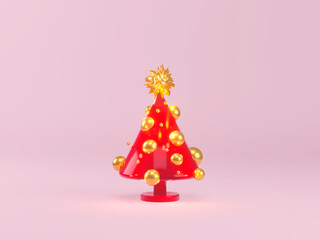Christmas tree in red and golden colors rotating at night. December season. new year. 3d render