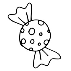 Wrapped sweet. Single candy icon .Hand drawn vector illustration in doodle style outline drawing isolated on white background.