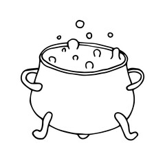 Happy Halloween. Single cauldron of poisonous potion with bubbles icon . Hand drawn vector illustration in doodle style outline drawing isolated on white background.