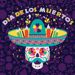 Dias de los Muertos trend flat banner vector. In English Feast of death. Mexico design for fiesta cards or party invitation, poster. Flowers traditional mexican surface seamles pattern.