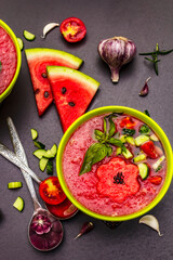 Watermelon gazpacho, traditional Spanish summer cold soup