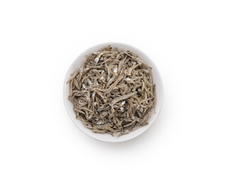 dried chairmen fish in bowl on white background