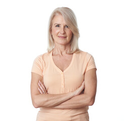 Happy old lady isolated on white. Smiling middle aged mature grey haired woman