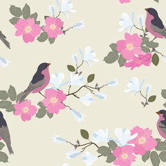 Seamless vector illustration with flowers of wild rose, magnolia and birds