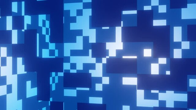 Shapes formed from groups of squares and rectangles moving in blue space illuminated by white light. Rectangles fly through space from right to left. Modern futuristic video background. Sci-fi movie.