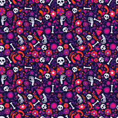 Seamless vector pattern with mexican elements. Perfect artistic background for your design. Dias de los muertos. Translate-Feast of death.