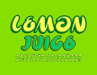 Vector bright sign Lemon Juice. Creative artistic Font. Handwritten Alphabet Letters and Numbers set