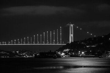 One of Istanbul's two suspension bridges spanning the Bosphorus Strait. The Bosphorus Bridge. long exposure.