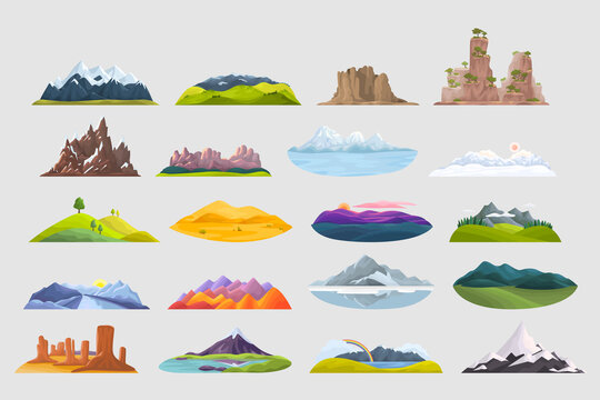 Mountains doodle set. Collection of colorful cartoon style drawings of different stone rocks peakes hilltops. Natural terrain travelling tourism destinations for hiking or mountaineering illustration.