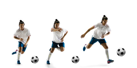 Fototapeta premium Confident football player in motion and action isolated on white background, kicking ball in dynamic. Concept of activity, movement, healthy lifestyle, expression of sport. Young male sportsman.