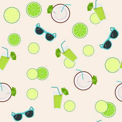 Seamless summer pattern with fruit, cocktail and sunglasses.