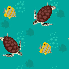 Seamless ocean pattern with turtles and tropical fish ,