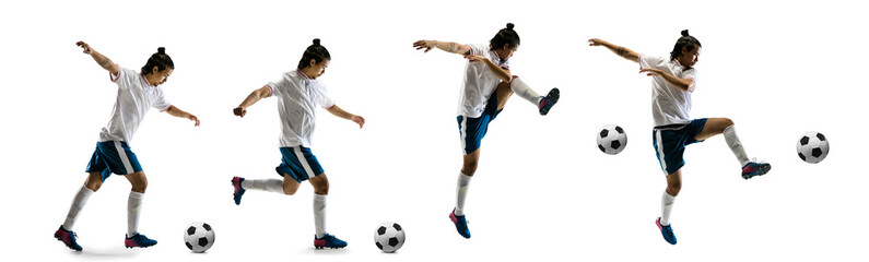 Confident football player in motion and action isolated on white background, kicking ball in dynamic. Concept of activity, movement, healthy lifestyle, expression of sport. Young male sportsman.