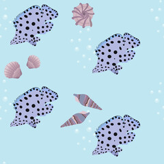 Seamless vector illustration of an underwater world with tropical fish and seashells