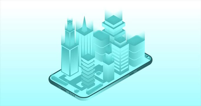 Skyscrapers coming from the phone. The concept of modern technologies. Animation of the app for navigation.