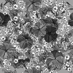 Monochrome floral seamless pattern with petunias and leaves on gray background. Black and white. Floral pattern for textile, wallpapers, print, web pages, greeting cards. Vector.