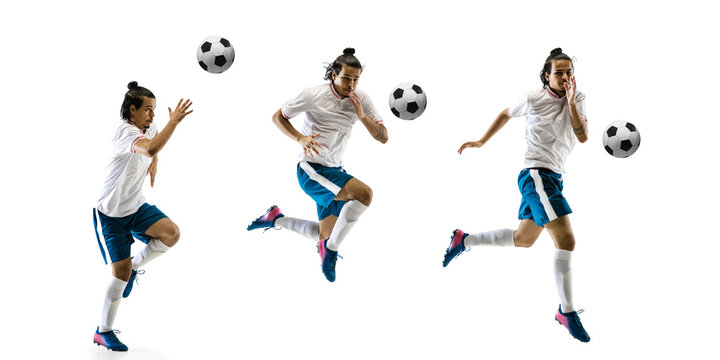 Energy. Football player in motion and action isolated on white background, kicking ball in dynamic. Concept of activity, movement, healthy lifestyle, expression of sport. Young male sportsman.