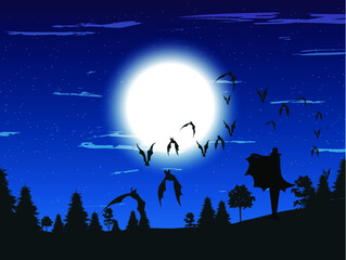 Fototapeta na wymiar Halloween night scene with bats and vampire silhouette vector illustration