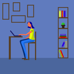 An illustration of a girl sitting in her room with a laptop. Online study concept. Freelance job.