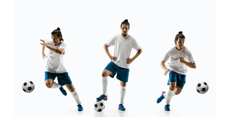 Energy. Football player in motion and action isolated on white background, kicking ball in dynamic....