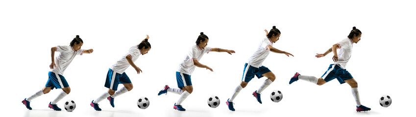 Fototapeta na wymiar Flying. Football player in motion and action isolated on white background, kicking ball in dynamic. Concept of activity, movement, healthy lifestyle, expression of sport. Young male sportsman.