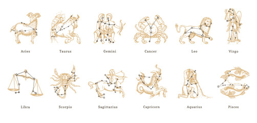 Vector retro graphic illustrations of Zodiac signs - obrazy, fototapety, plakaty