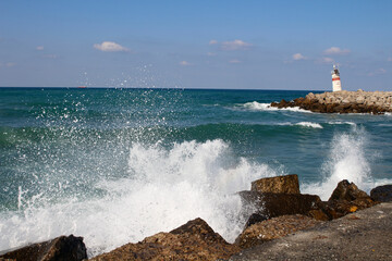 Agva lighthouse. Waves hitting the rocks