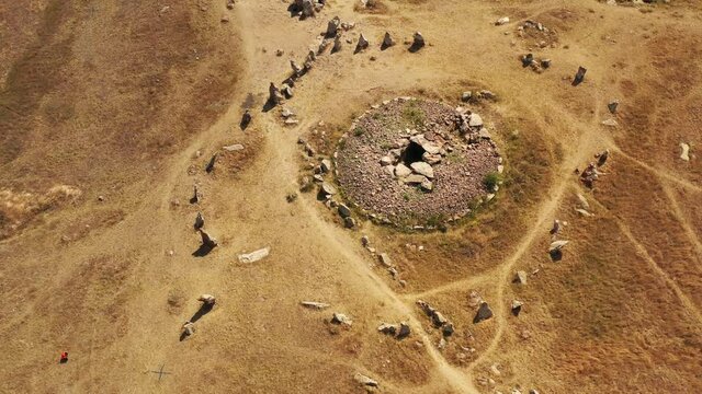 Ancient Observatory Karahunj Zorats Karer in Armenia,aerial view.   Zorats Karer is a prehistoric monument in Armenia.There are 223 standing stones - menhirs, most of them with the hole.