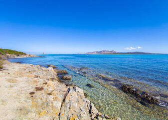 Fototapeta na wymiar Stintino (Italy) - One of the most popular sandy beaches in Italy, 'La Pelosa', in Sardegna island, province of Sassari, in the Asinara sea national park
