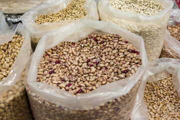 various kinds of dry beans in the Livramento market, Setubal, Portugal