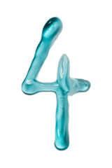 Number four written by transparent gel isolated on white background. Squeezed transparent gel with bubbles close-up