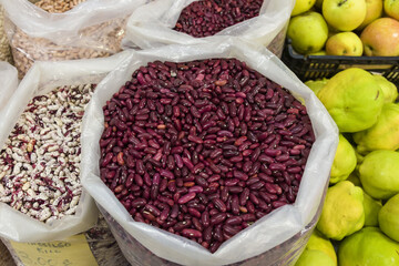 various kinds of dry beans in the Livramento market, Setubal, Portugal