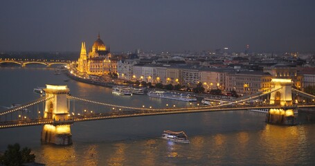 Fototapeta na wymiar Budapest nightfall aerial top view panorama