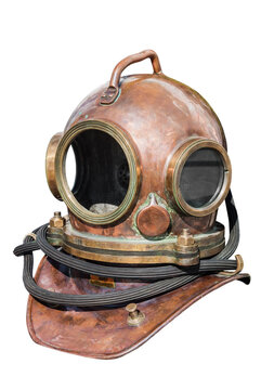 retro diver's helmet made of copper isolated on a white background