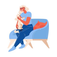 Cute puppy sitting on the legs of a girl. Vector concept illustration about love of a dog for a man isolated on white. Owner similar to a pet concept scene