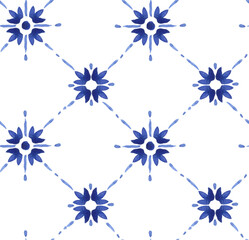Hand painted watercolor flower like Moroccan scroll ornamental allover seamless tile pattern in repeat.