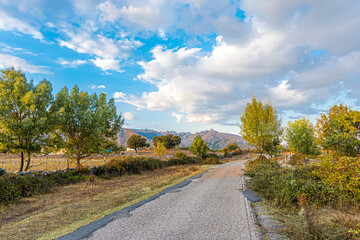 path with country landscape with the Sierra de Guadarrama in the background. Madrid. Spain - 377317389