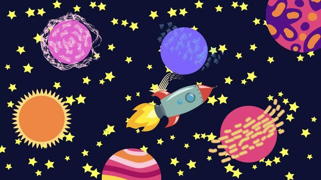 Cartoon Space. Cartoon rocket flies in outer space past the suspended planets, satellites and other objects. Flat loopback animation.