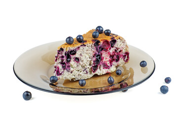 Blueberry pie piece on the glass plate isolated on white background