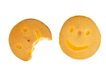 Whole and eaten smiling butter cookies isolated on white background