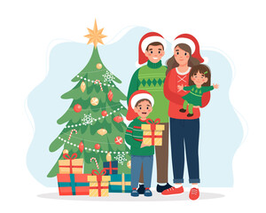 Obraz na płótnie Canvas Happy family with christmas tree. Cute vector illustration in flat style