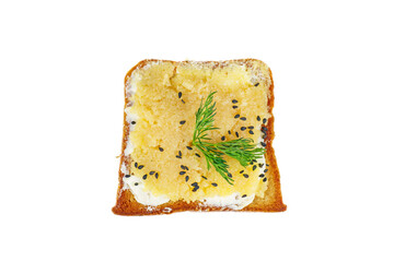 Bread piece with delicious cod caviar on white background