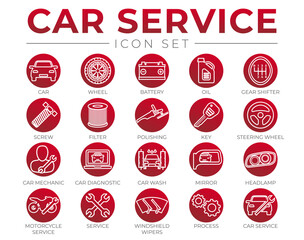 Red Car Service Round Outline Icons Set with Battery, Oil, Gear Shifter, Filter, Polishing, Key, Steering Wheel, Diagnostic, Wash, Mirror, Headlamp Icons