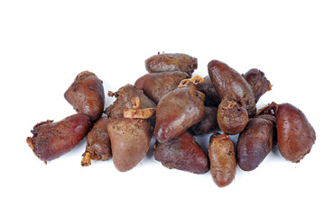 Smocked turkey (or chicken) hearts isolated on white background