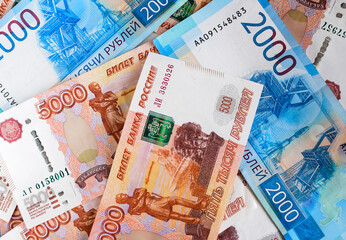 Russian money, background. Russian currency. Financial crisis, ruble devaluation concept.