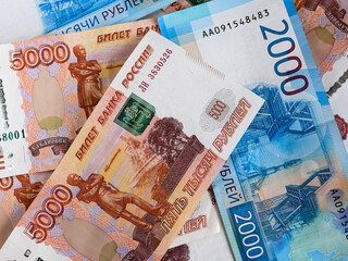 Russian money, background. Russian currency. Financial crisis, ruble devaluation concept.